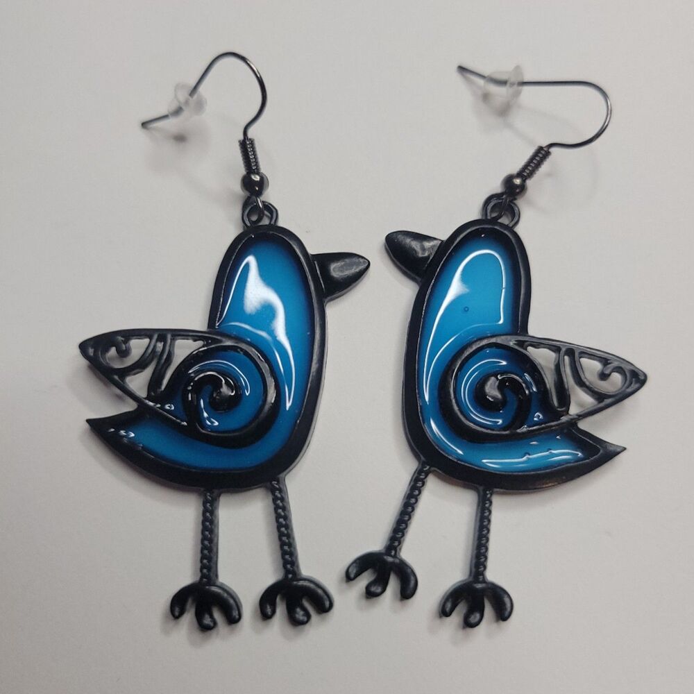 Amazing Large Turquoise Blue Stained Glass Bird Earrings Pierced Hypoallergenic